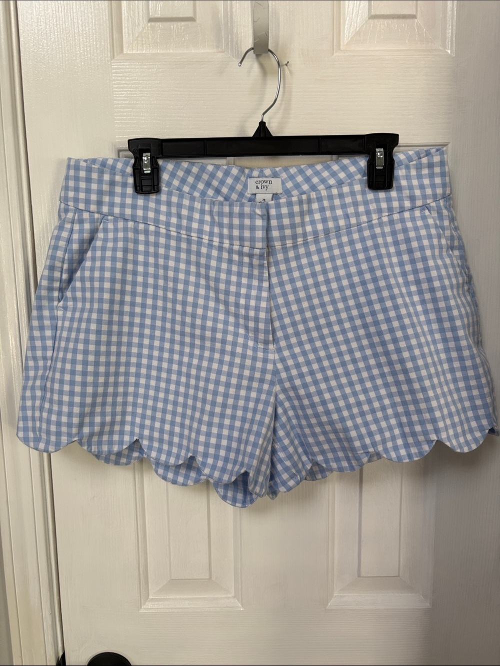 crown & ivy Light Blue Gingham Scalloped Hem Shelby Shorts